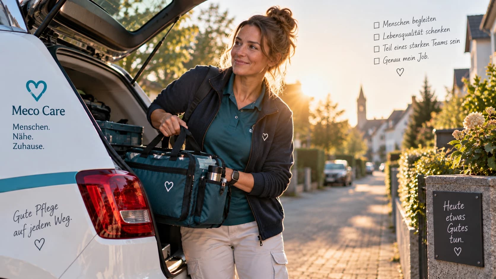 Eine Pflegekraft packt ihre Tasche in den Kofferraum, bereit für die nächste Tour.