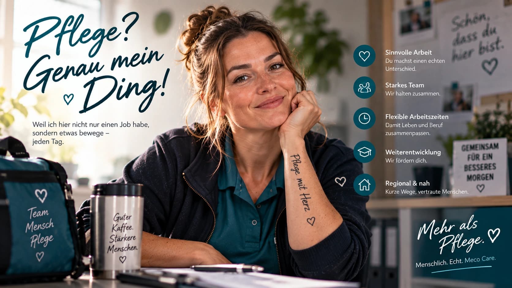 Recruiting-Kampagnenmotiv: Mitarbeiterportrait mit direktem Blick, umgeben von KI-generierten Slogans und Icons — kein Beleg für konkrete, verifizierte Benefits.