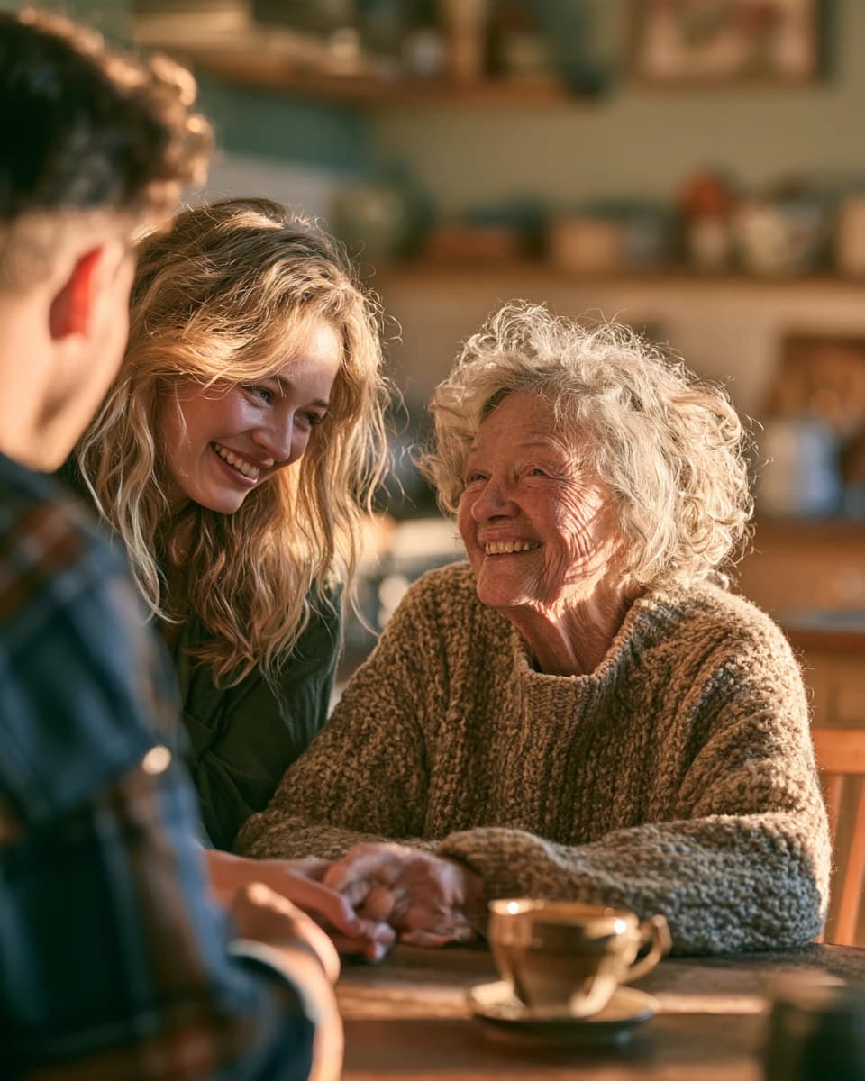 Drei Generationen sitzen lachend und Händchen haltend an einem Tisch zusammen, warmes Licht im Wohnzimmer.