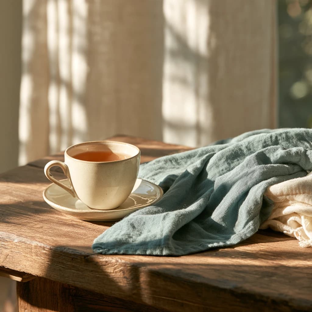 Stillleben mit einer Tasse Tee und einer zusammengelegten Decke auf einem Holztisch im weichen Fensterlicht.