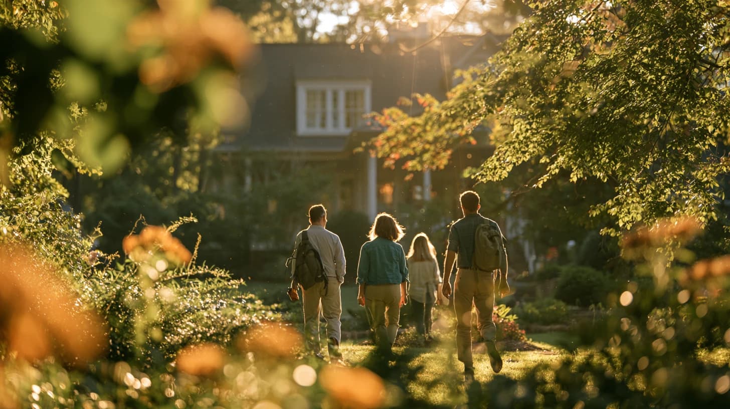 Eine Familie geht von hinten gesehen durch einen sommerlichen Garten auf ein Wohnhaus zu, im warmen Gegenlicht — Stimmungsbild für das eigene Zuhause, keine Meco-Patientendarstellung.
