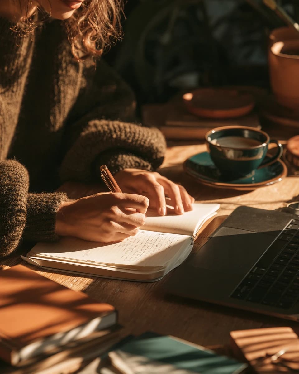 Nahaufnahme von Händen, die abends bei warmem Licht in ein Notizbuch schreiben, daneben eine Tasse Kaffee, Bücher und ein aufgeklappter Laptop auf einem Holztisch.